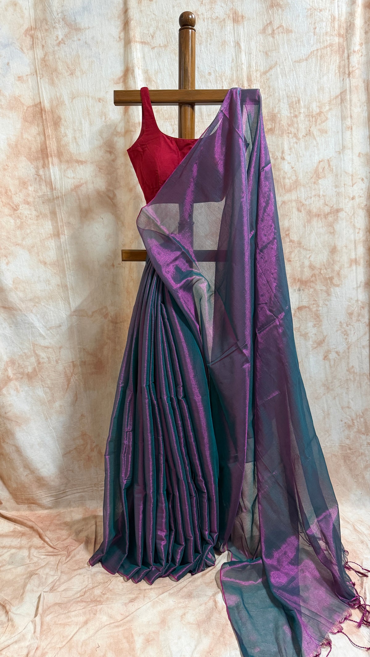 Metalic Purple Green Dual Tone Mul Tissue Saree