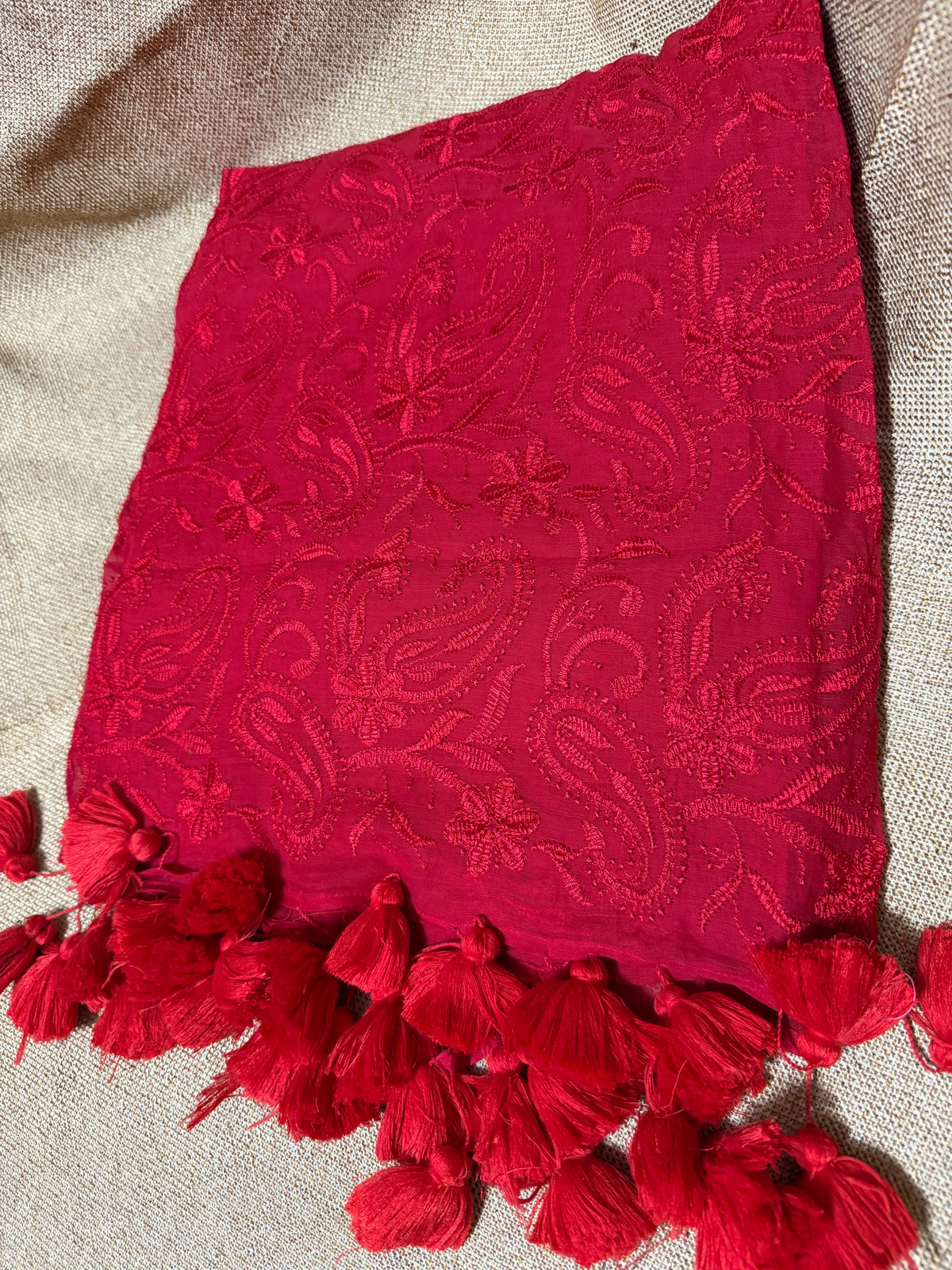Chikankari on Red Mul Cotton Handloom Saree