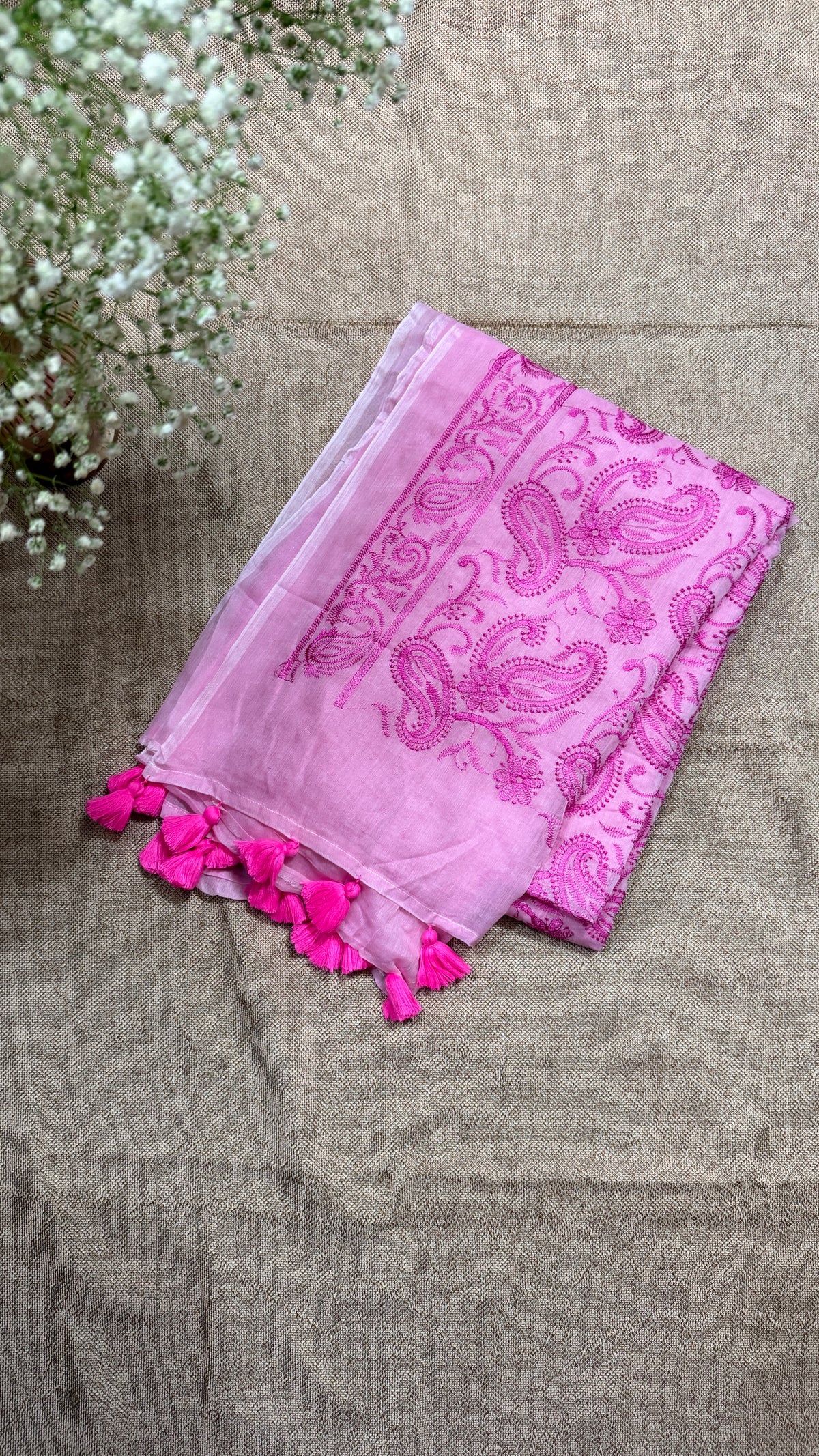 Pink Chikankari Mul Cotton Handloom Saree