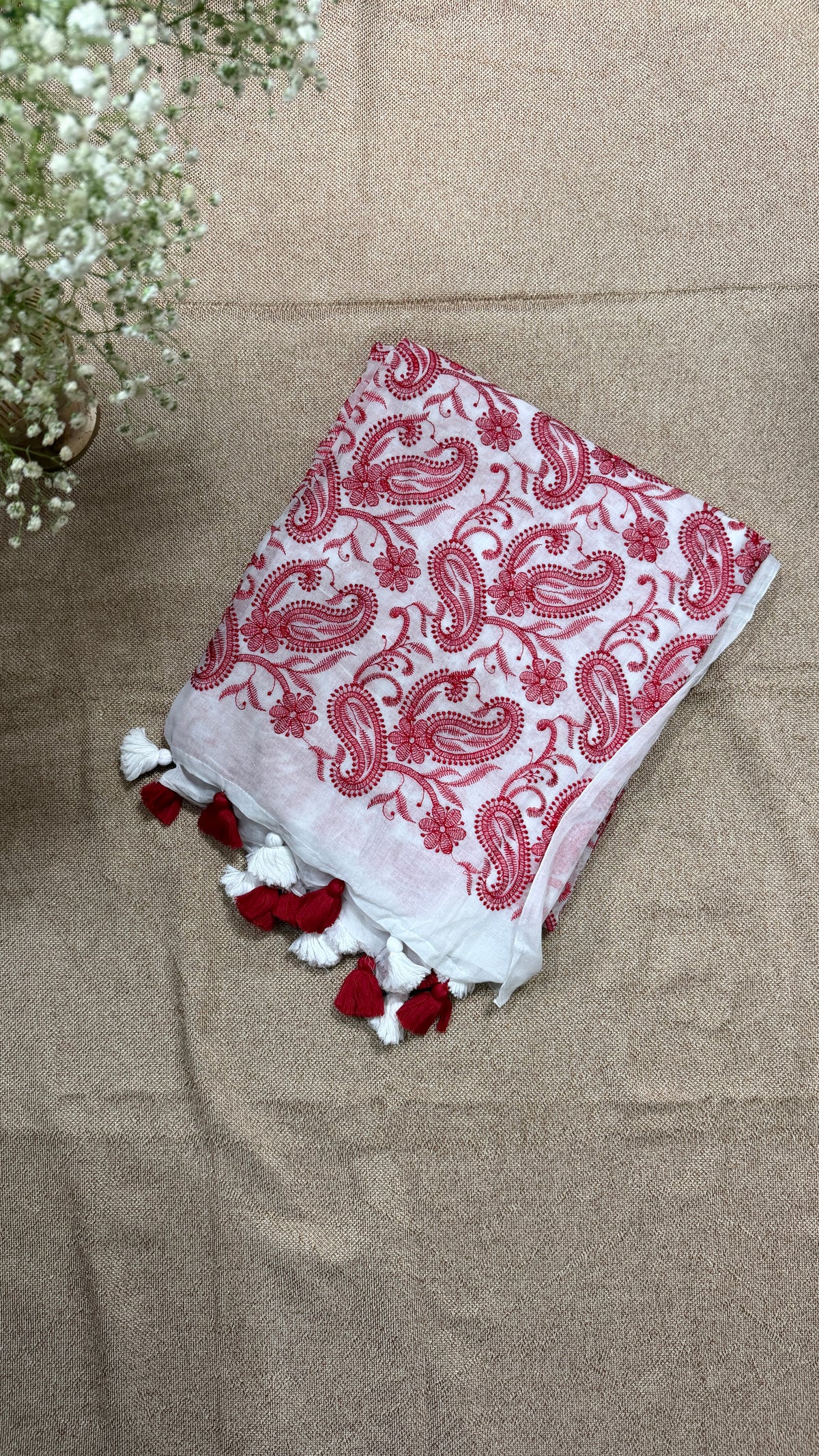 Red Chikankari Mul Cotton Handloom Saree