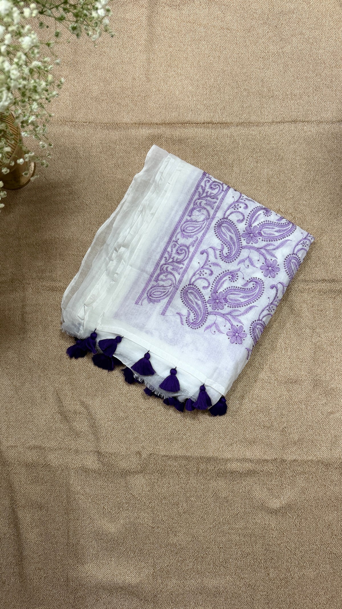 Purple Chikankari Mul Cotton Handloom Saree