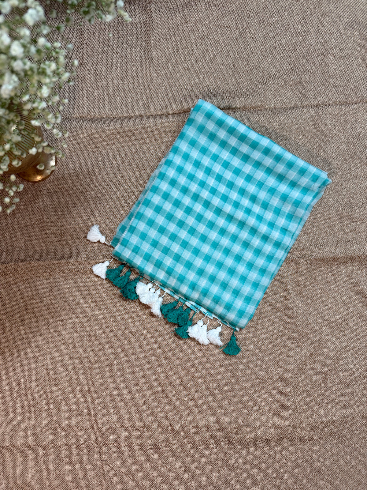 Mint Green Gingham Checkered Handloom Mul Cotton