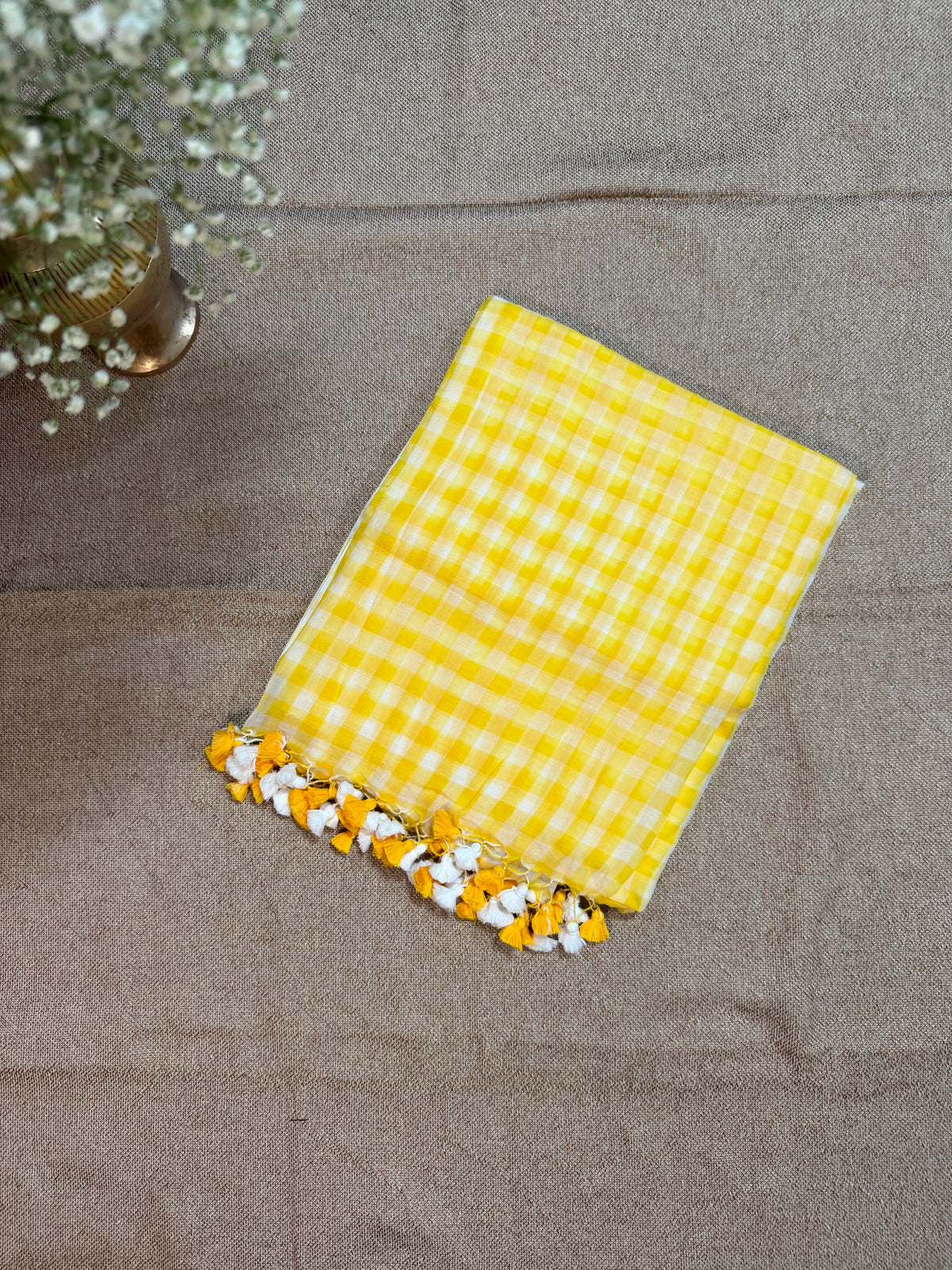 Yellow Gingham Checkered Handloom Mul Cotton