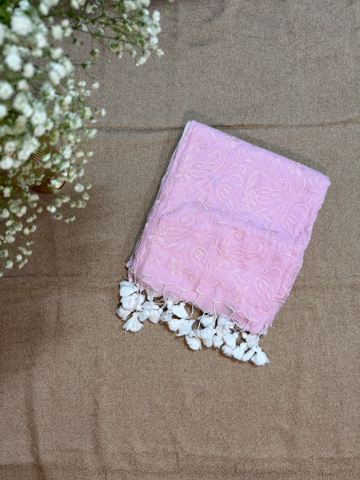 Chikankari on Mul Cotton Handloom Saree - Baby Pink