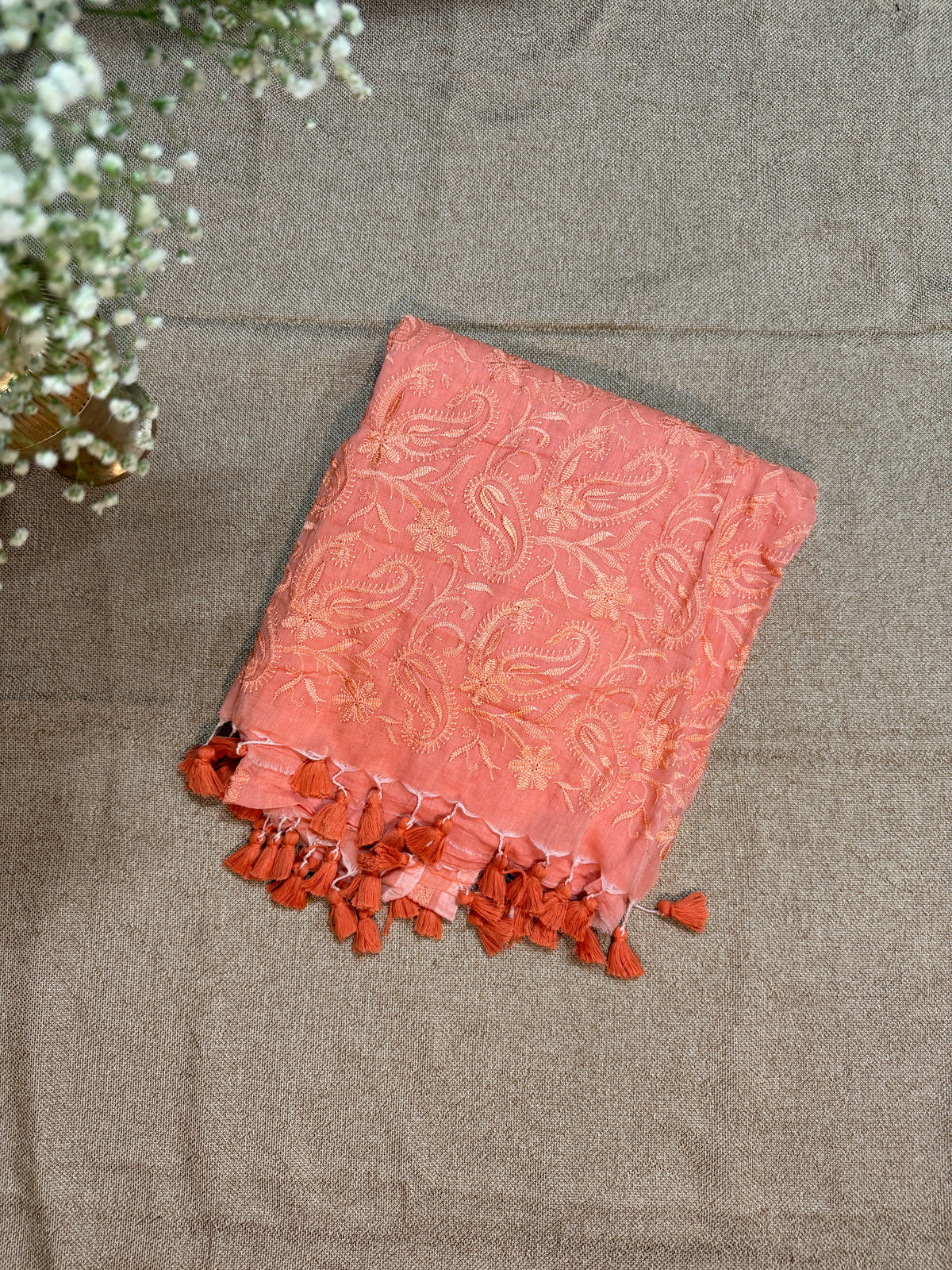 Chikankari on Mul Cotton Handloom Saree - Peach