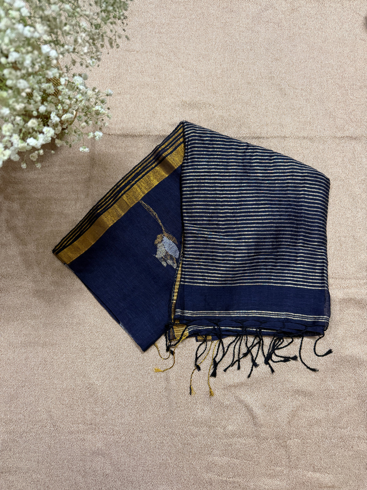 Linen with Jamdani Tulip Motif - Navy Blue
