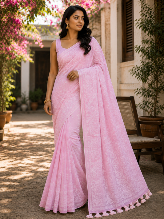 Chikankari on Mul Cotton Handloom Saree - Baby Pink