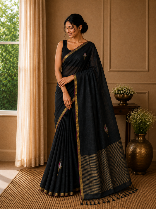 Linen with Jamdani Tulip Motif - Black