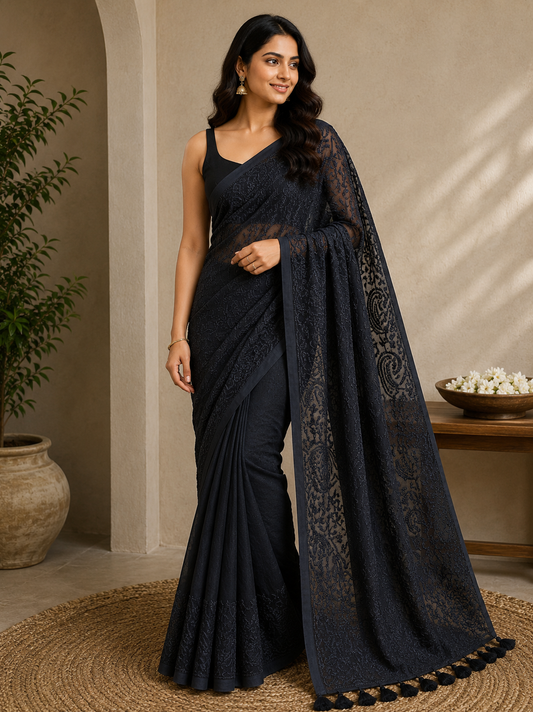 Chikankari on Black Mul Cotton Handloom Saree
