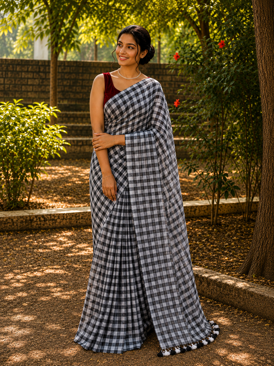 Black Gingham Checkered Handloom Mul Cotton