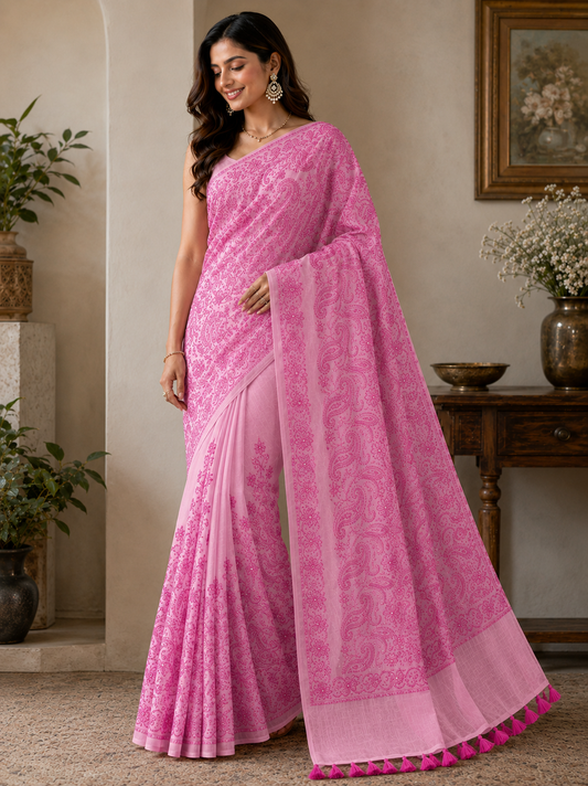 Pink Chikankari Mul Cotton Handloom Saree