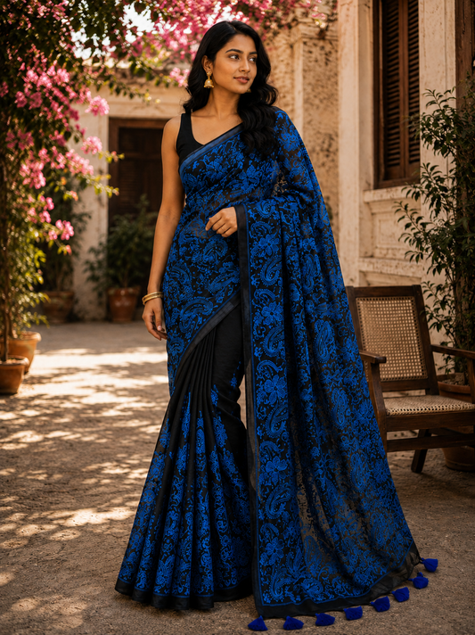 Dark Blue Chikankari on Black Mul Cotton Handloom Saree