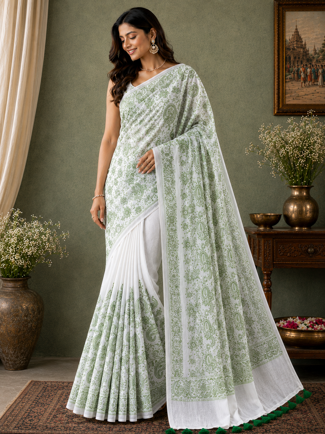 Green Chikankari Mul Cotton Handloom Saree