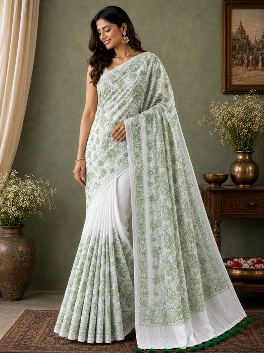 Green Chikankari Mul Cotton Handloom Saree