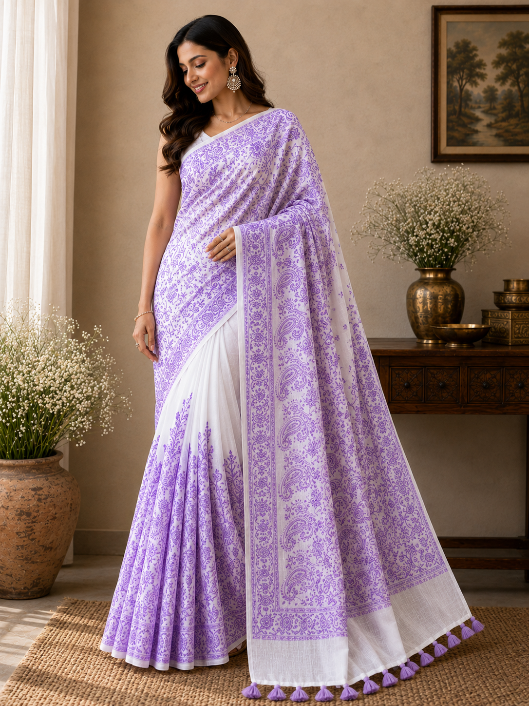 Purple Chikankari Mul Cotton Handloom Saree
