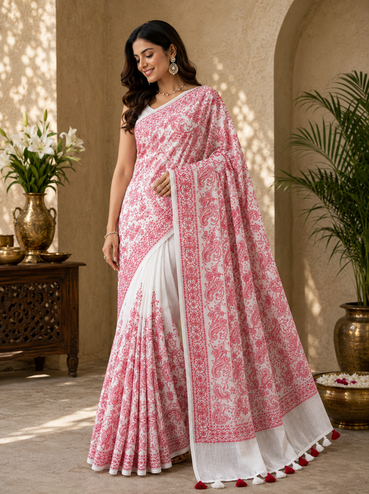 Red Chikankari Mul Cotton Handloom Saree
