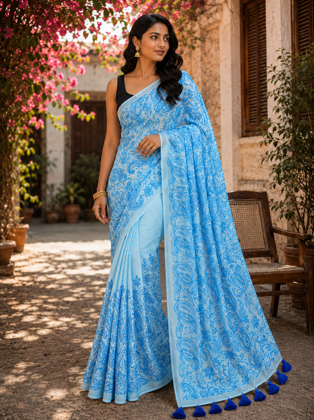 Blue Chikankari Mul Cotton Handloom Saree