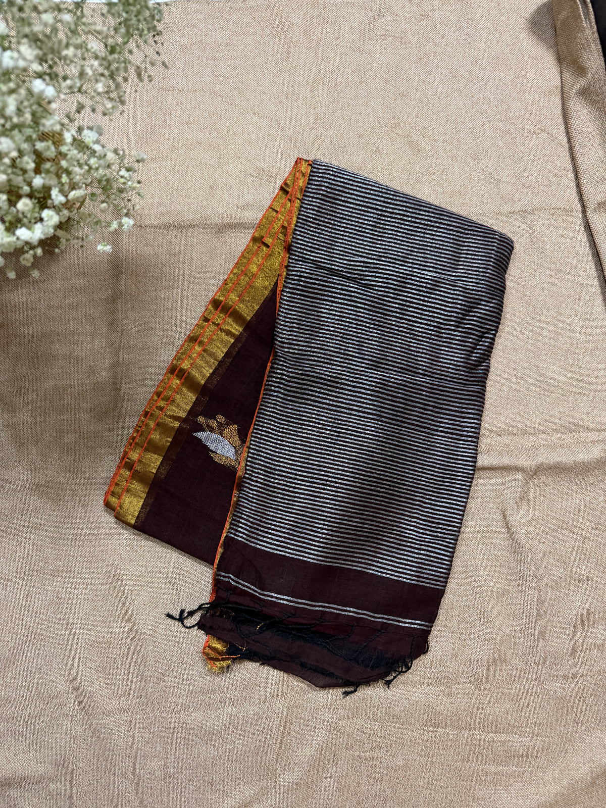 Linen with Jamdani Tulip Motif - Chocolate
