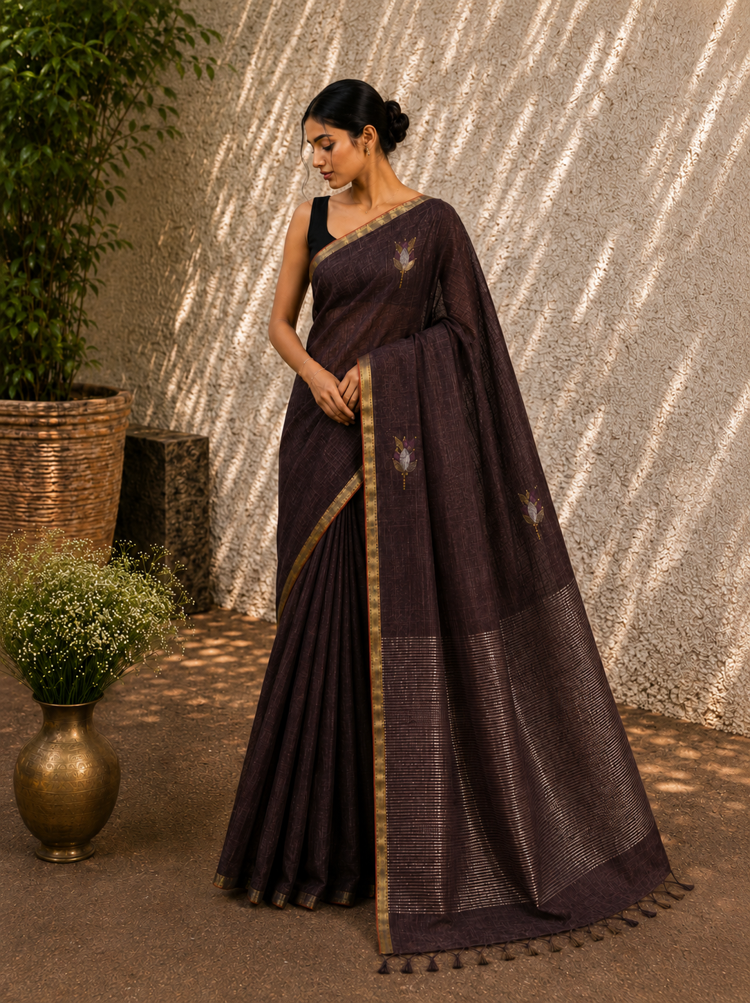 Linen with Jamdani Tulip Motif - Chocolate