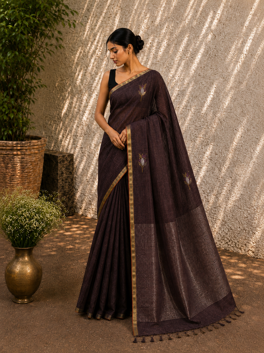 Linen with Jamdani Tulip Motif - Chocolate