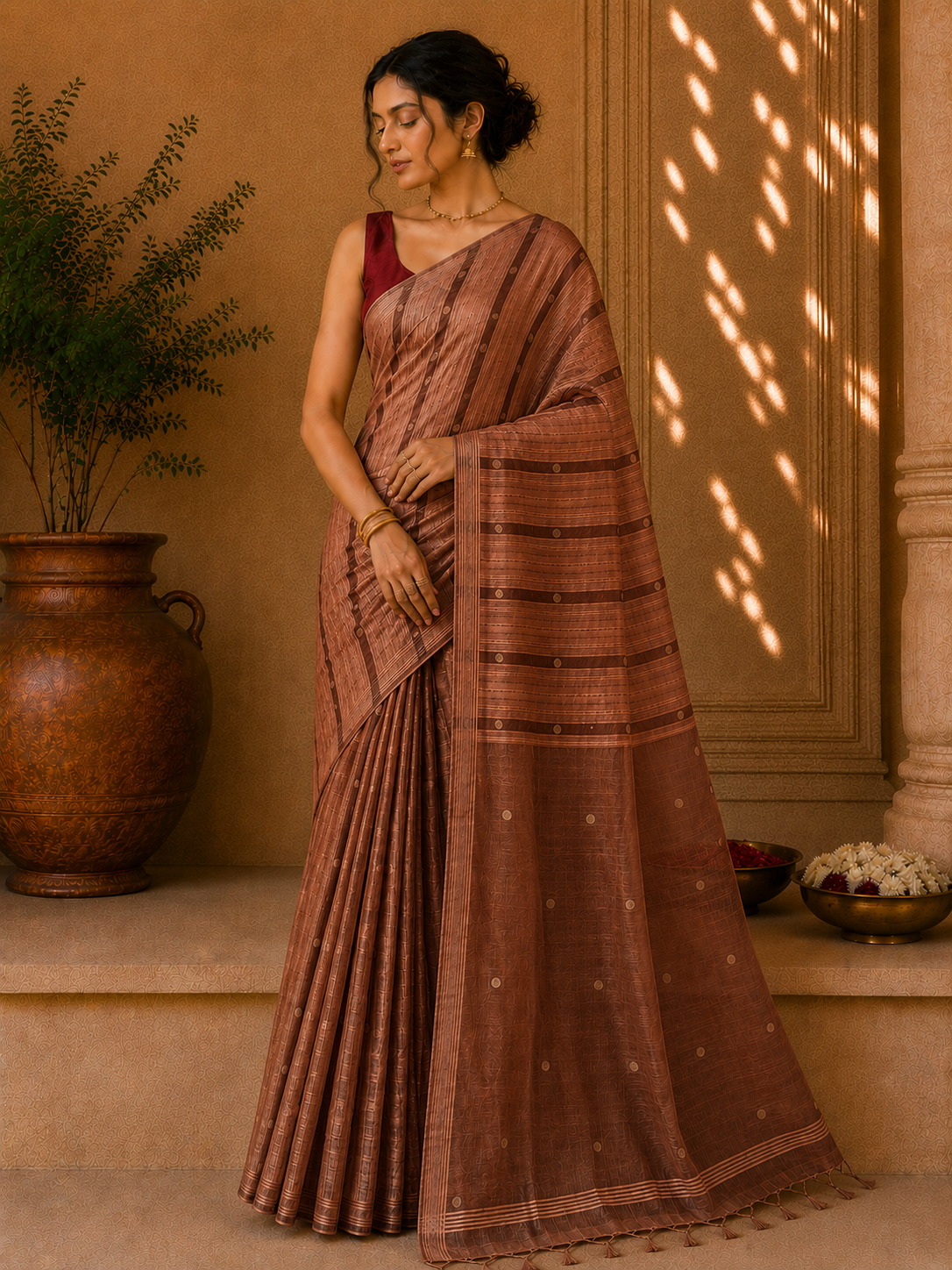 Handloom Ginni Matka Silk Saree with Silk mark - Copper Brown