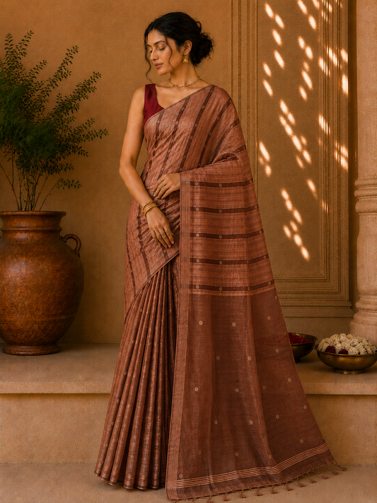 Handloom Ginni Matka Silk Saree with Silk mark - Copper Brown