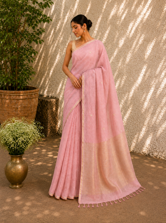 Handloom Linen Silk with Jamdani Buti - Dusty Coral