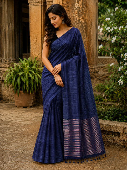Handloom Plain Matka Silk Saree with Silk mark - Deep Blue