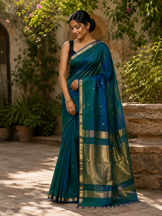 Handloom Diamond Butta Maheshwari Saree - Green Blue