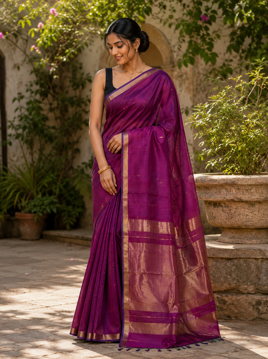Handloom Diamond Butta Maheshwari Saree - Magenta Purple