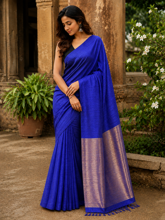Handloom Plain Matka Silk Saree with Silk mark - Electric Blue