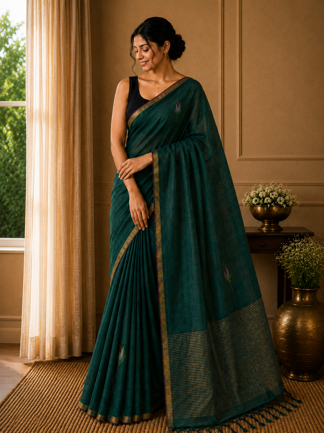 Linen with Jamdani Tulip Motif - Green
