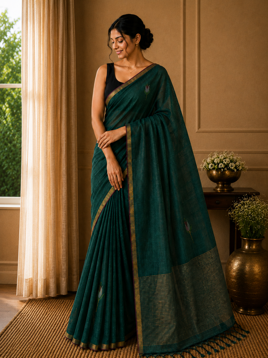 Linen with Jamdani Tulip Motif - Green