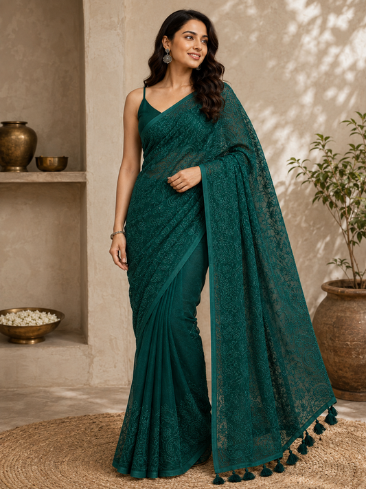 Chikankari on Black Mul Cotton Handloom Saree - Dark Green