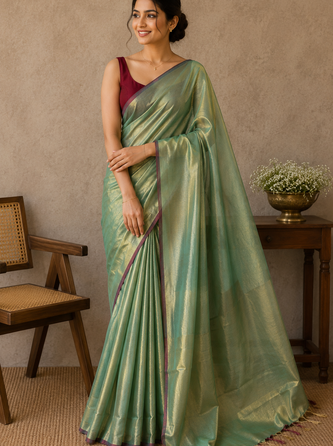Metalic Green Dual Tone Mul Tissue Saree