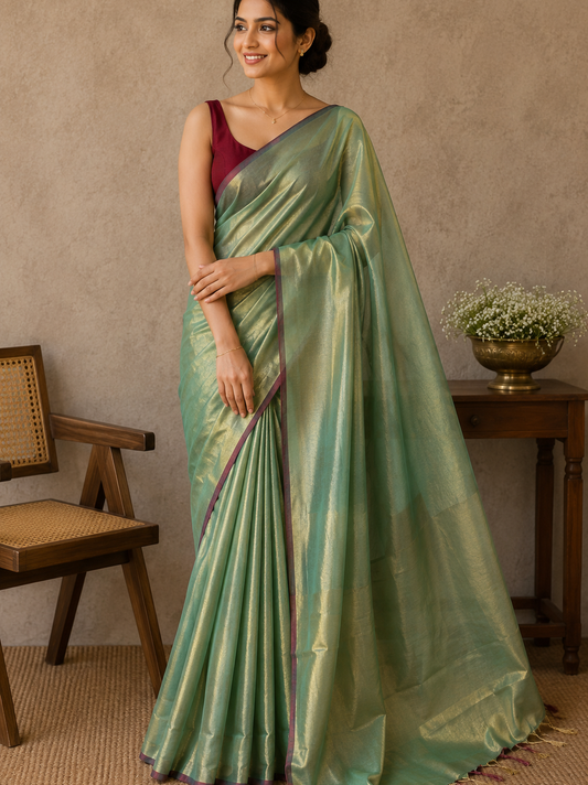 Metalic Green Dual Tone Mul Tissue Saree