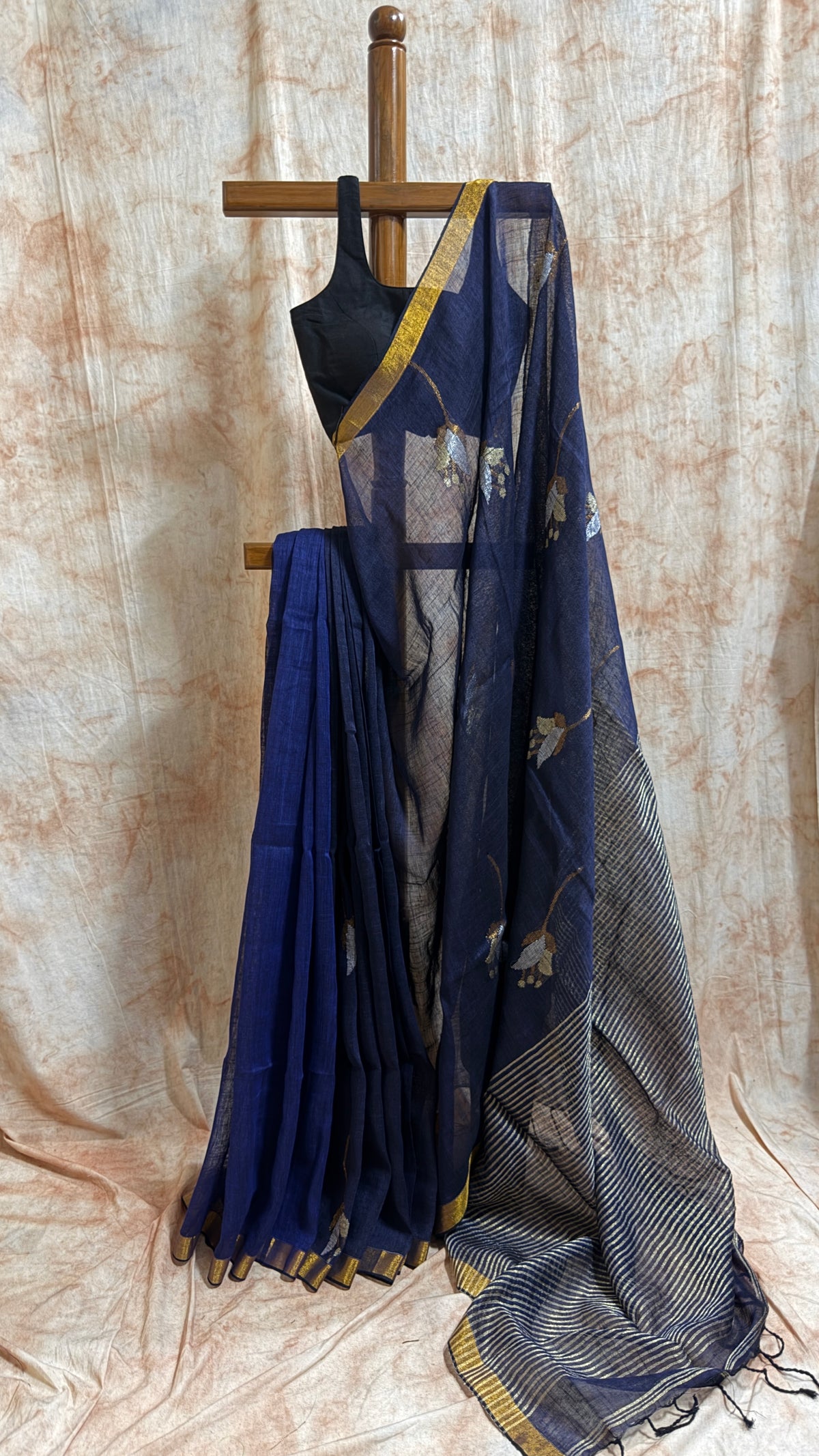Linen with Jamdani Tulip Motif - Navy Blue