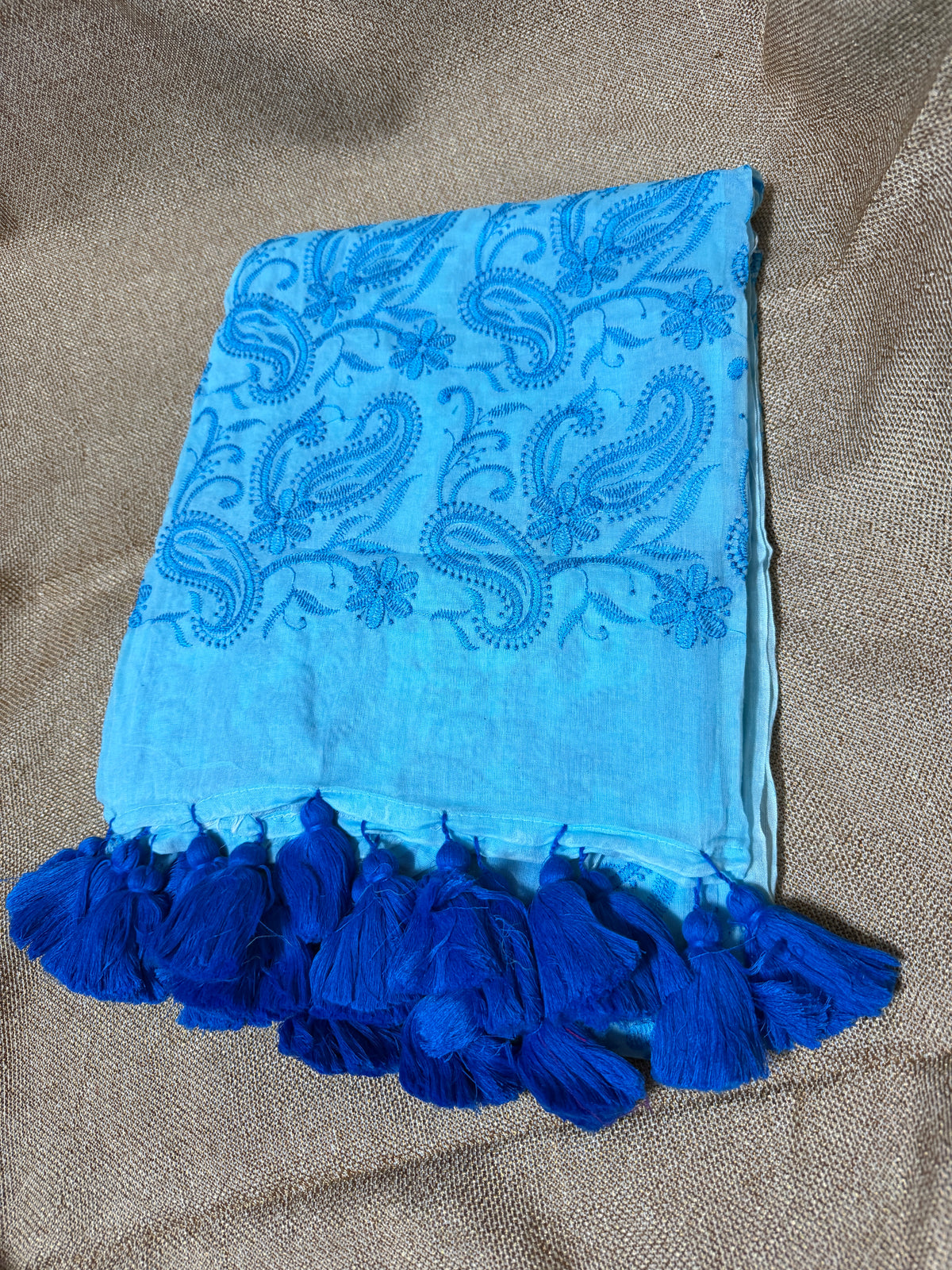 Blue Chikankari Mul Cotton Handloom Saree