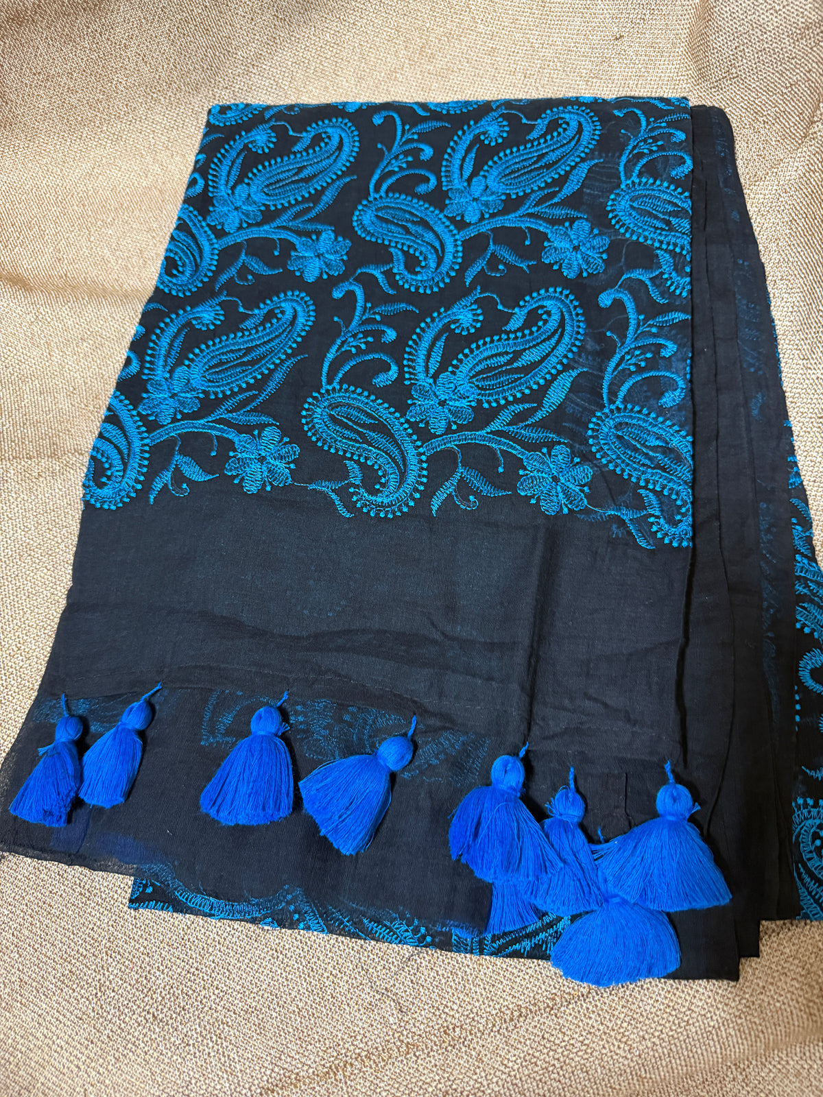 Dark Blue Chikankari on Black Mul Cotton Handloom Saree