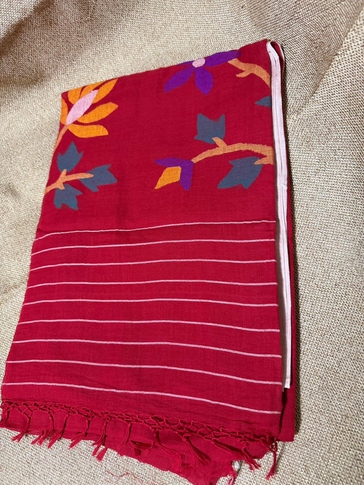 Mul Cotton with Jamdani flower handwork - Red