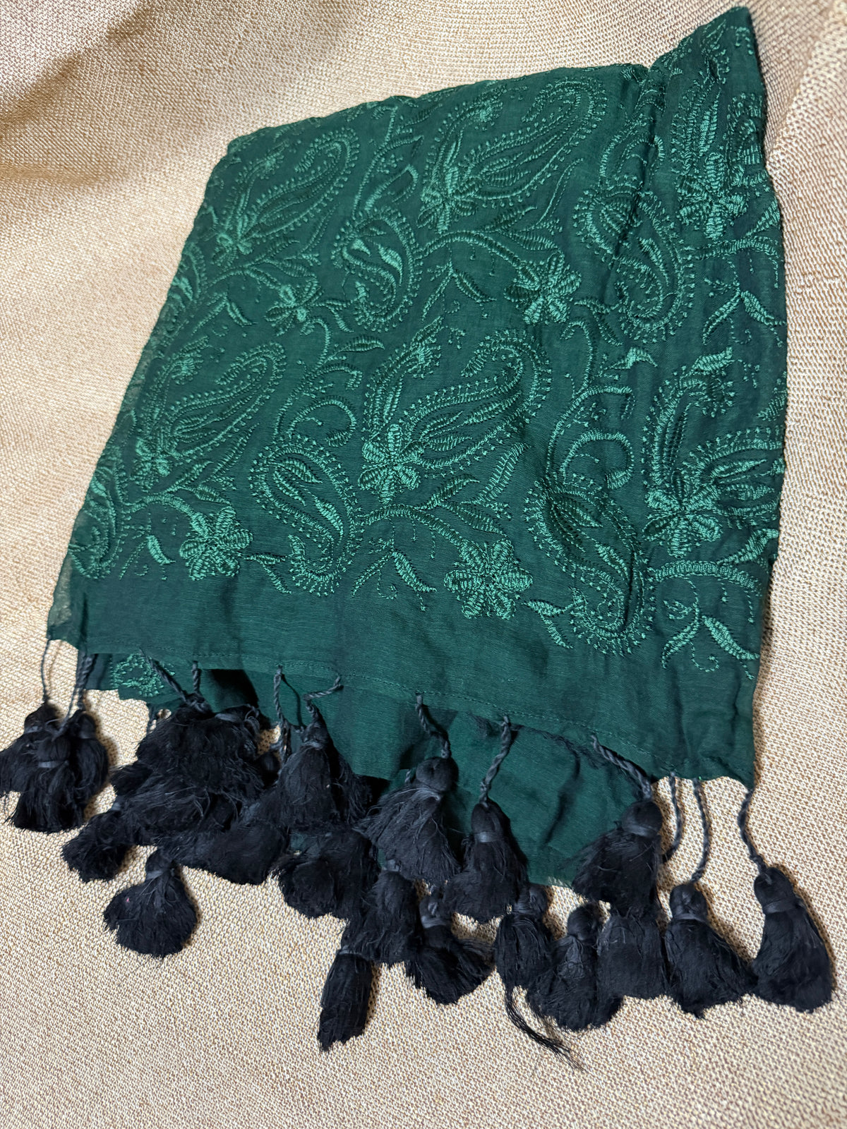 Chikankari on Black Mul Cotton Handloom Saree - Dark Green