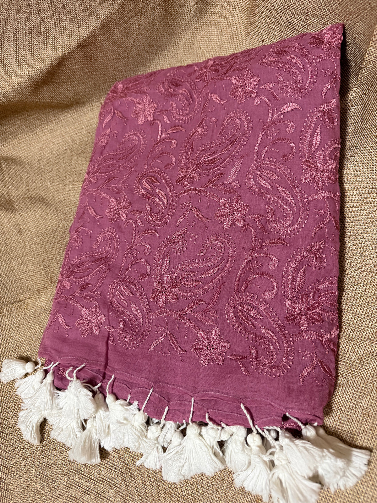 Chikankari on Mul Cotton Handloom Saree - Mauve
