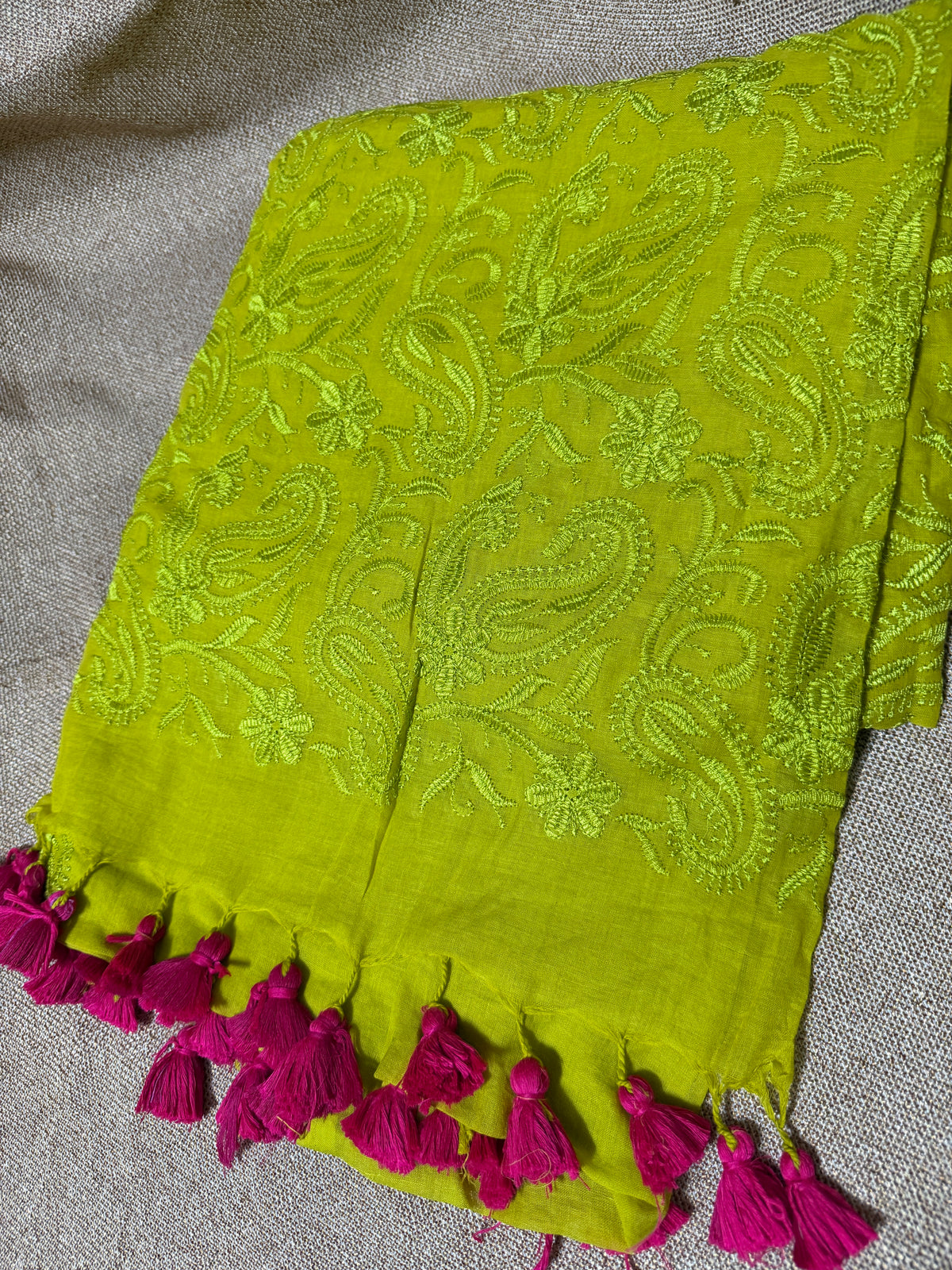 Chikankari on Mul Cotton Handloom Saree -Parrot Green
