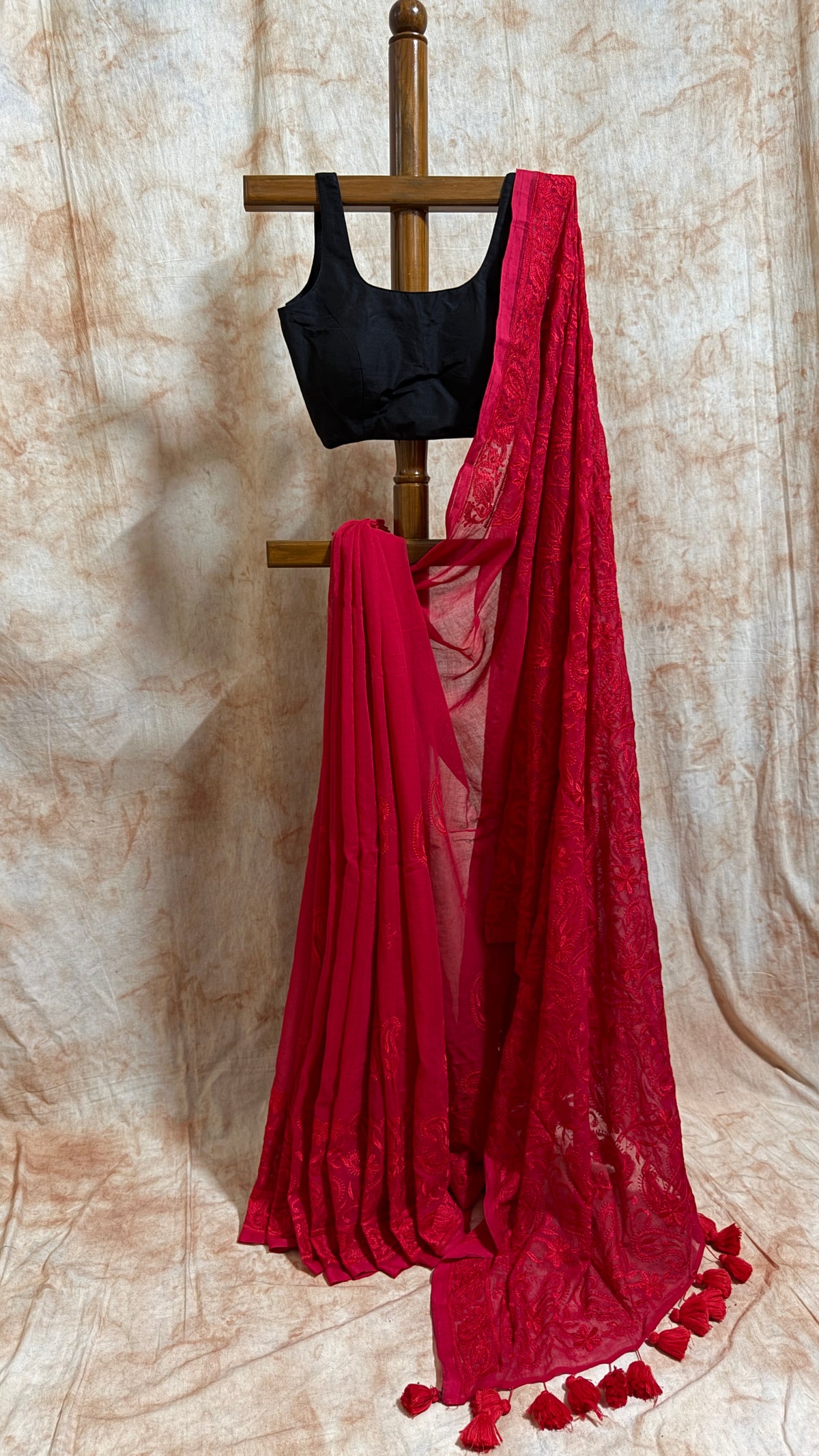 Chikankari on Red Mul Cotton Handloom Saree