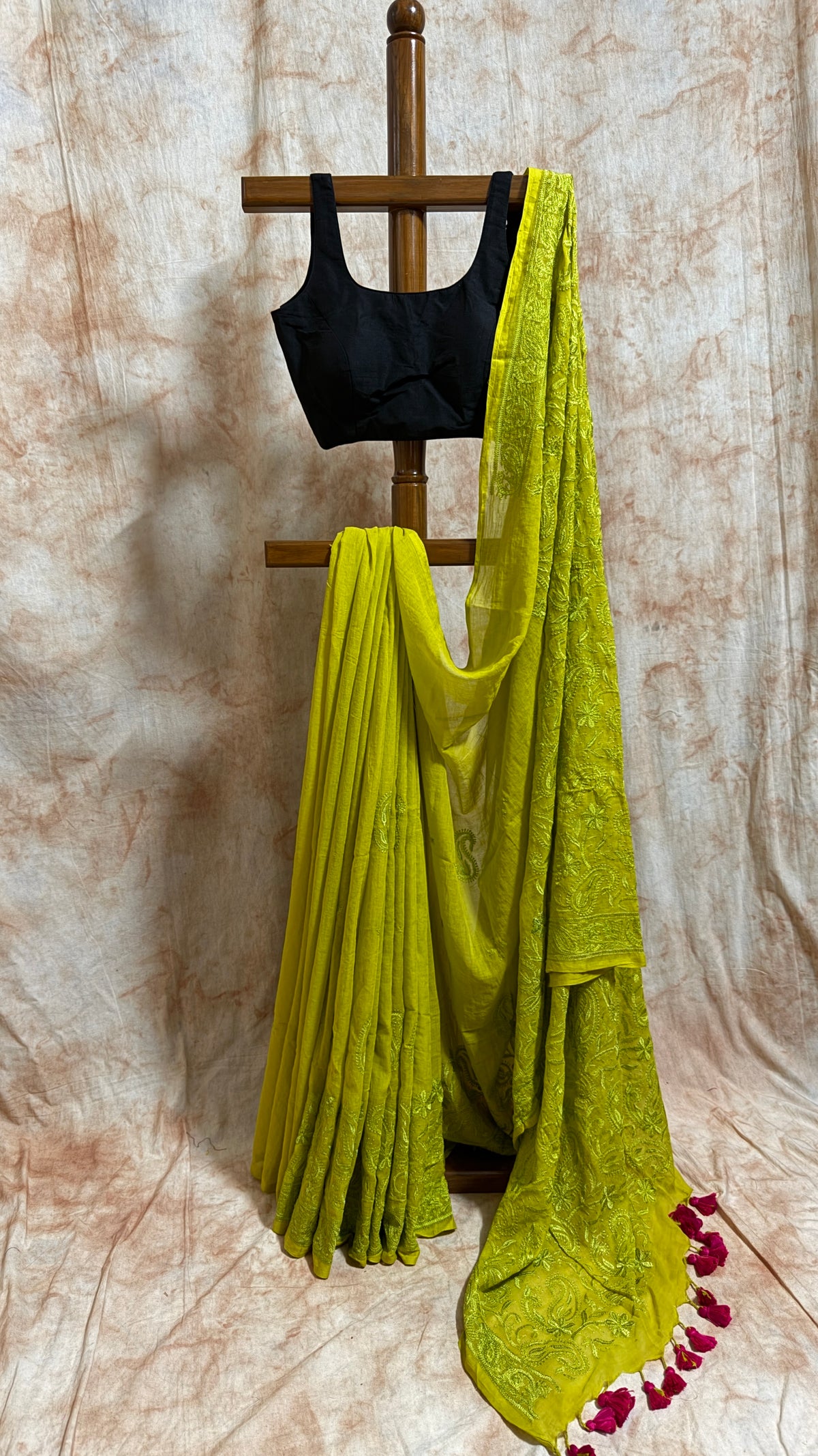 Chikankari on Mul Cotton Handloom Saree -Parrot Green