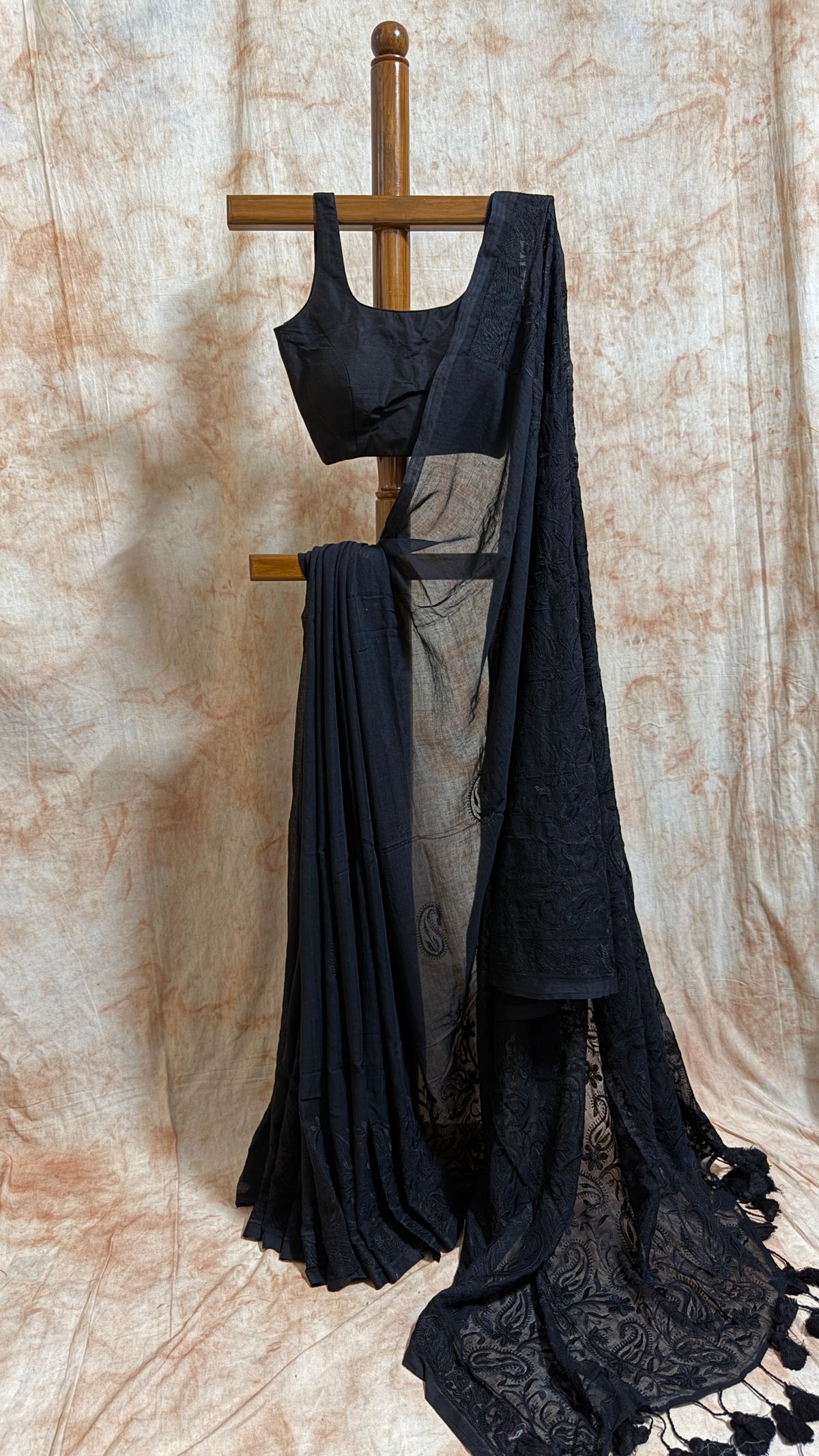 Chikankari on Black Mul Cotton Handloom Saree