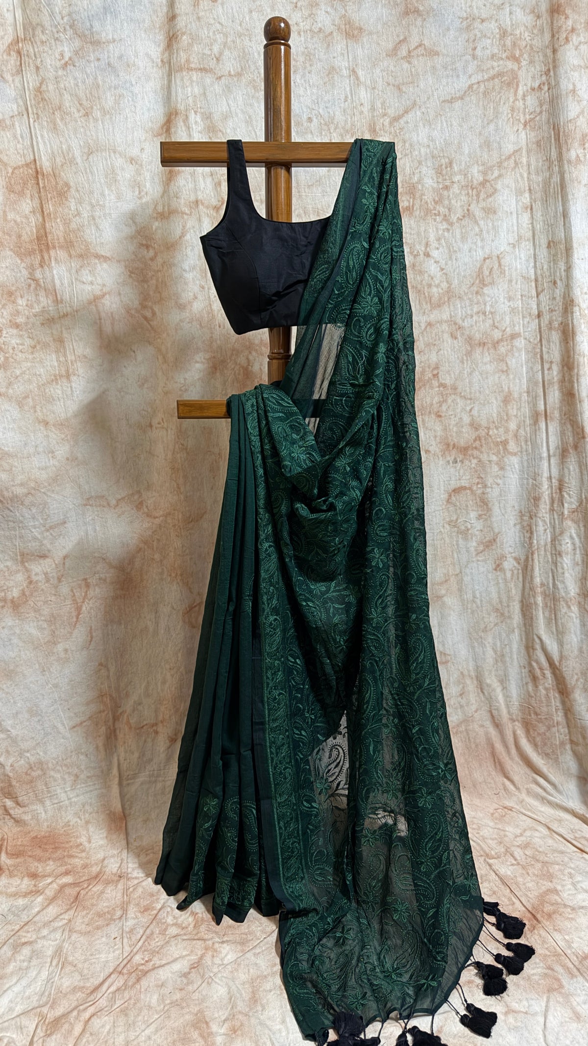 Chikankari on Black Mul Cotton Handloom Saree - Dark Green