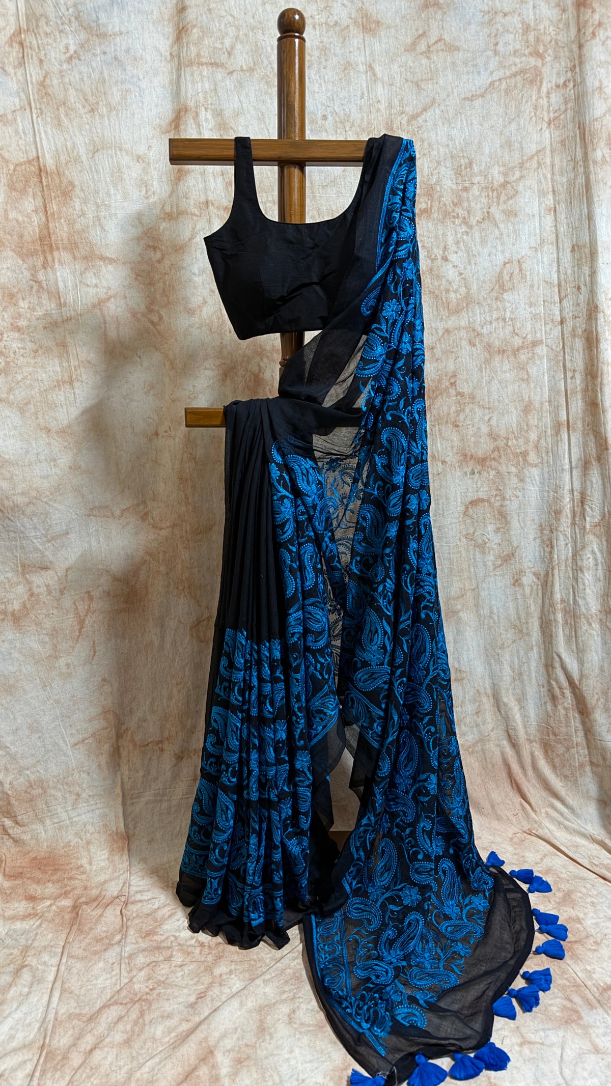 Dark Blue Chikankari on Black Mul Cotton Handloom Saree