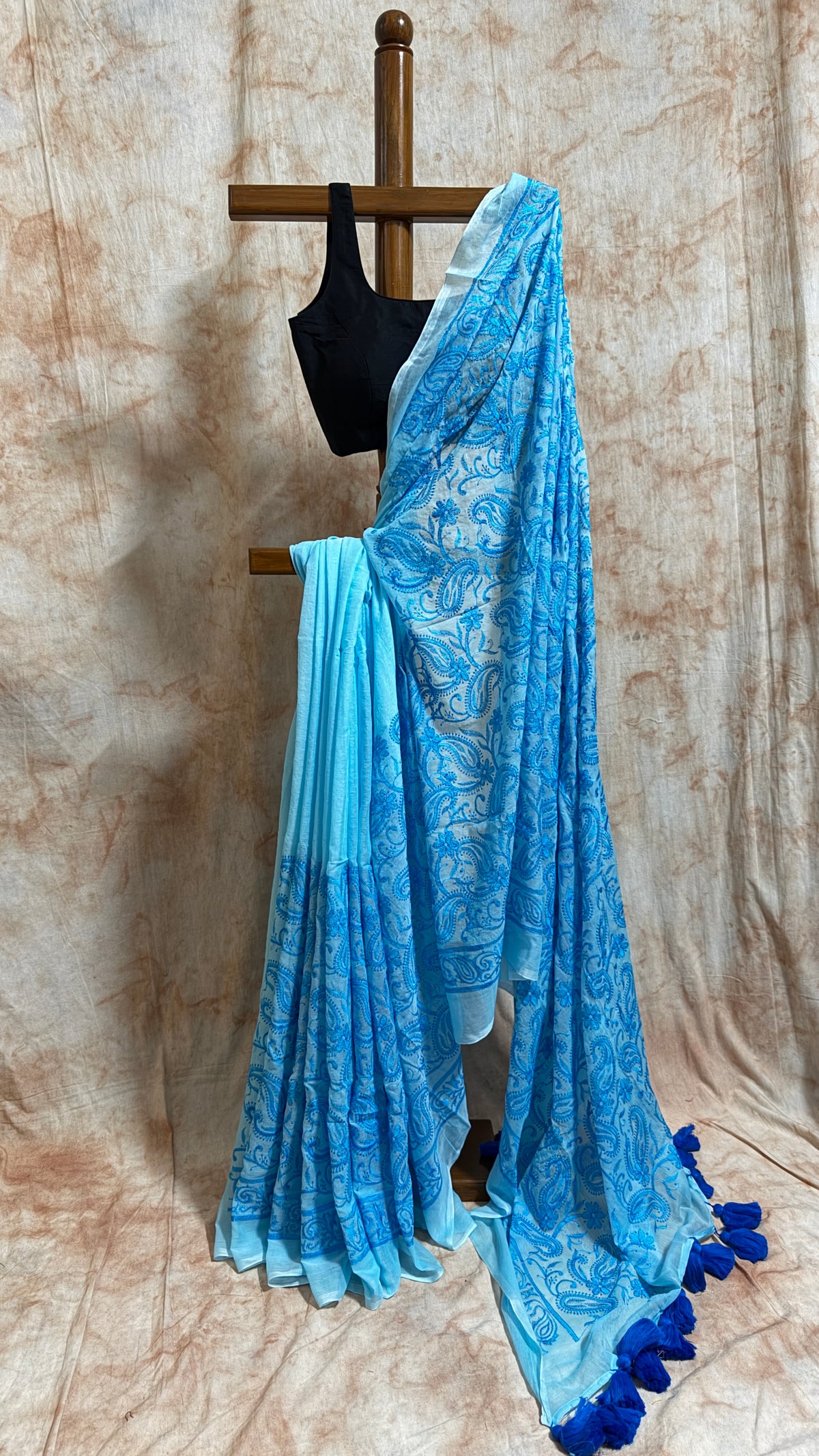 Blue Chikankari Mul Cotton Handloom Saree