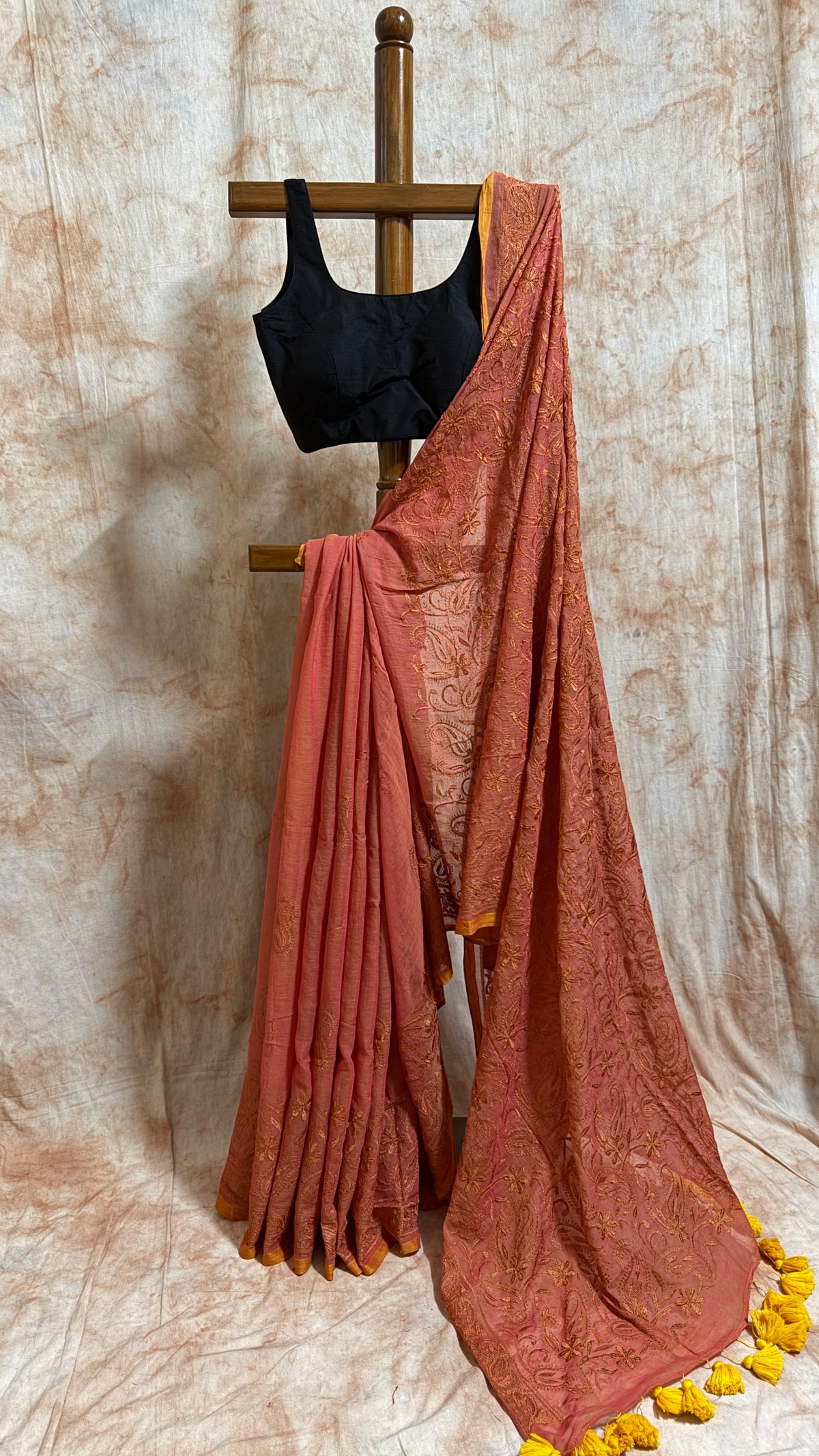 Chikankari on Coral Cotton Handloom Saree